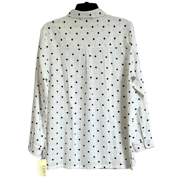 Erika Blouse Long Sleeve Collar Button White‎ Navy Polkadots Side Slits New - Picture 3 of 15